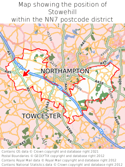 Map showing location of Stowehill within NN7