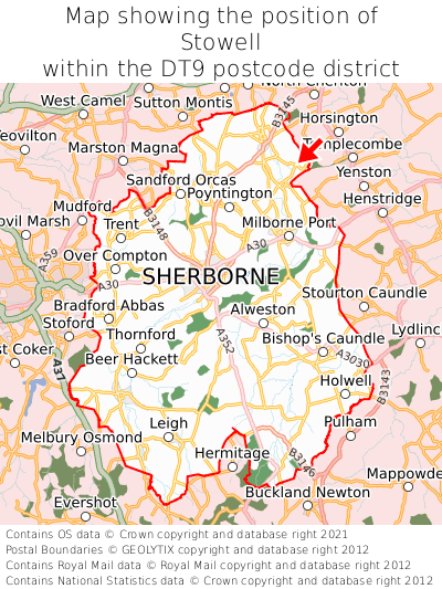 Map showing location of Stowell within DT9