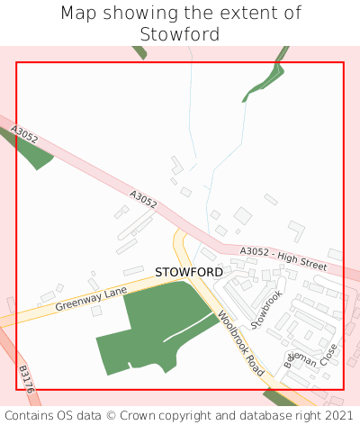 Map showing extent of Stowford as bounding box