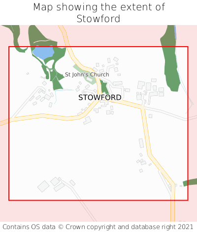 Map showing extent of Stowford as bounding box
