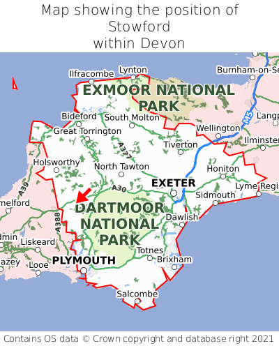 Map showing location of Stowford within Devon