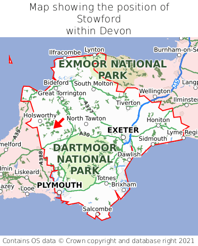 Map showing location of Stowford within Devon