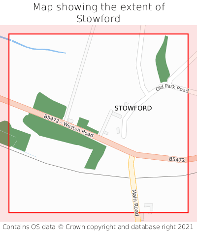 Map showing extent of Stowford as bounding box