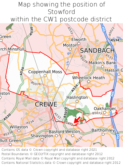 Map showing location of Stowford within CW1