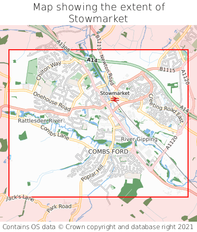 Map showing extent of Stowmarket as bounding box