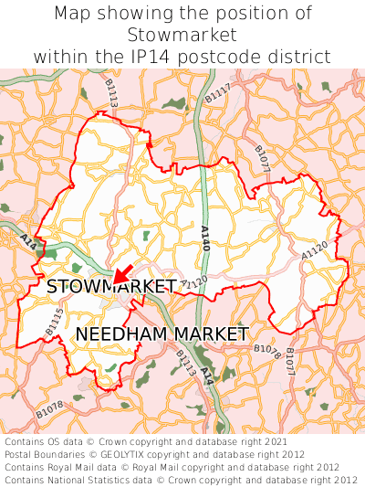 Map showing location of Stowmarket within IP14