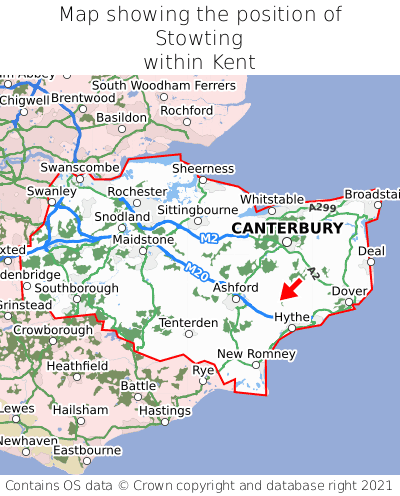 Map showing location of Stowting within Kent