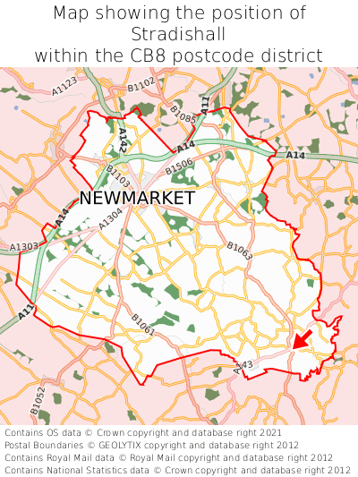 Map showing location of Stradishall within CB8