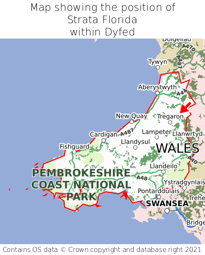 Map showing location of Strata Florida within Dyfed