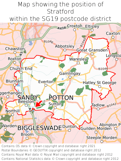 Map showing location of Stratford within SG19