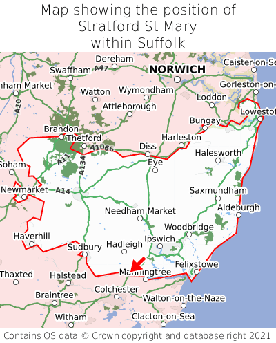 Map showing location of Stratford St Mary within Suffolk