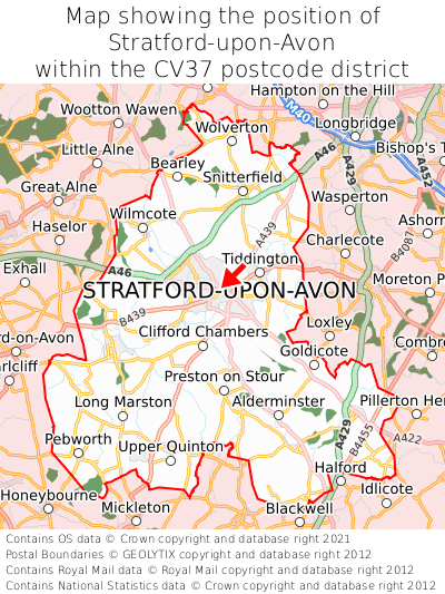 Map showing location of Stratford-upon-Avon within CV37