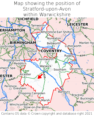 Map showing location of Stratford-upon-Avon within Warwickshire
