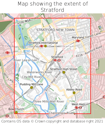 Map showing extent of Stratford as bounding box