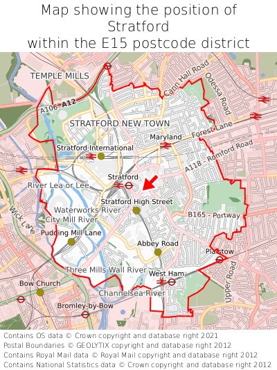 Map showing location of Stratford within E15