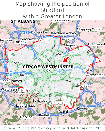 Map showing location of Stratford within Greater London