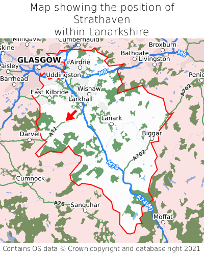 Map showing location of Strathaven within Lanarkshire