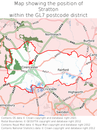 Map showing location of Stratton within GL7