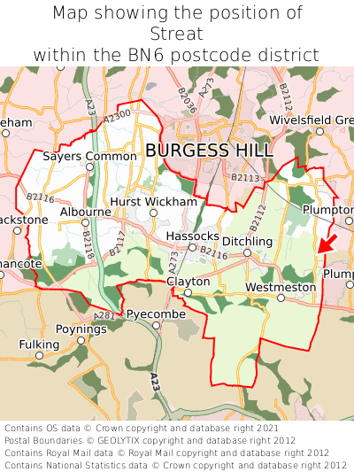 Map showing location of Streat within BN6