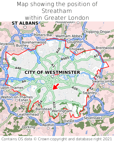 Map showing location of Streatham within Greater London