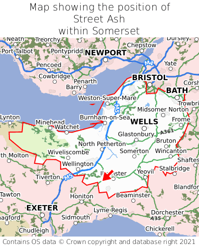 Map showing location of Street Ash within Somerset