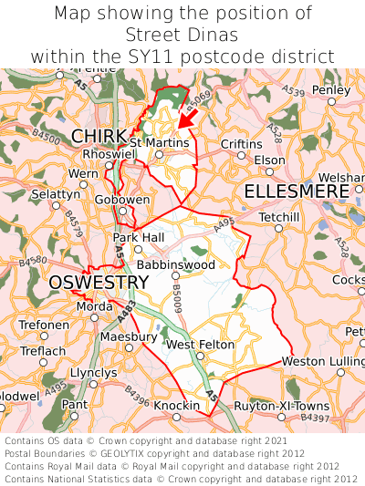 Map showing location of Street Dinas within SY11