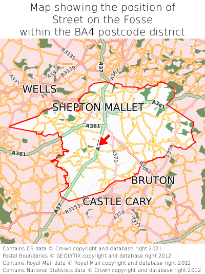 Map showing location of Street on the Fosse within BA4