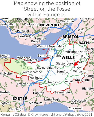 Map showing location of Street on the Fosse within Somerset