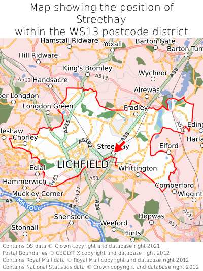 Map showing location of Streethay within WS13