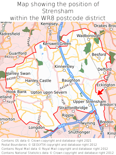 Map showing location of Strensham within WR8