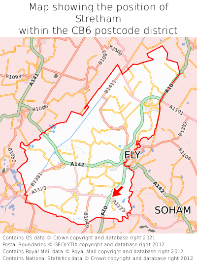 Map showing location of Stretham within CB6