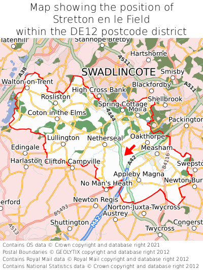 Map showing location of Stretton en le Field within DE12