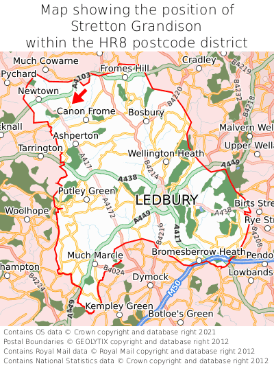 Map showing location of Stretton Grandison within HR8