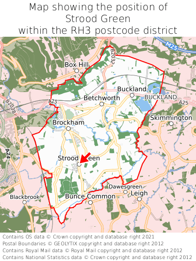 Map showing location of Strood Green within RH3