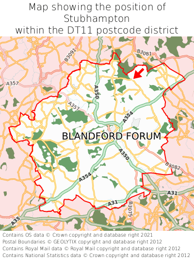 Map showing location of Stubhampton within DT11