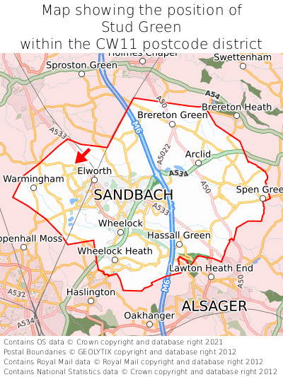 Map showing location of Stud Green within CW11