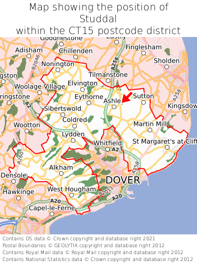 Map showing location of Studdal within CT15