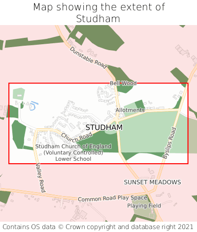 Map showing extent of Studham as bounding box