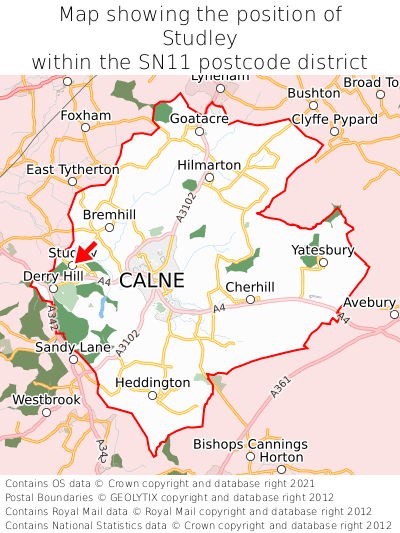 Map showing location of Studley within SN11