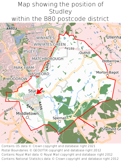 Map showing location of Studley within B80