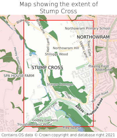 Map showing extent of Stump Cross as bounding box