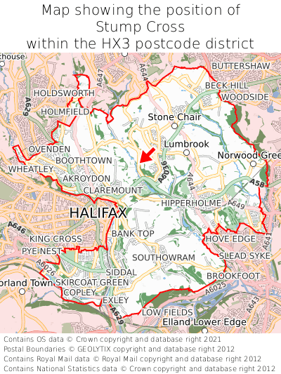 Map showing location of Stump Cross within HX3