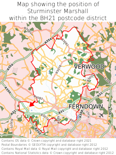 Map showing location of Sturminster Marshall within BH21