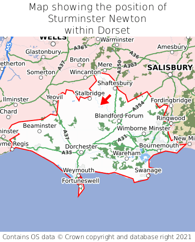 Map showing location of Sturminster Newton within Dorset