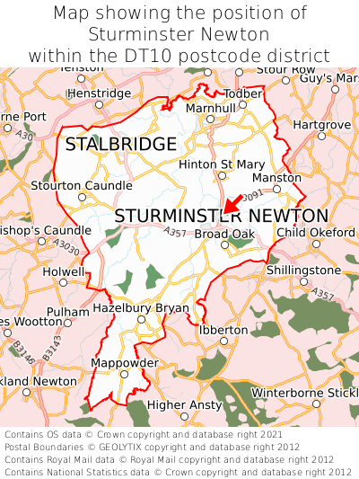 Map showing location of Sturminster Newton within DT10
