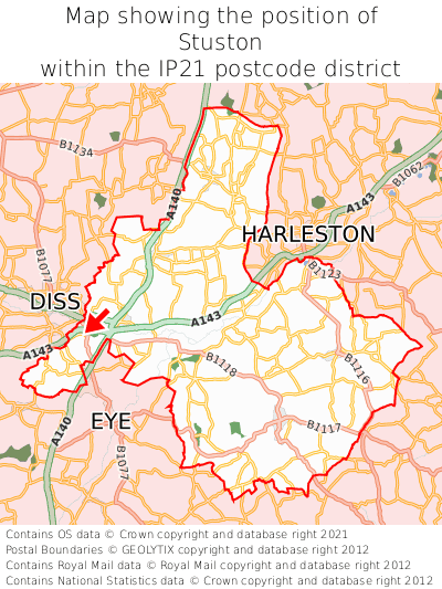 Map showing location of Stuston within IP21