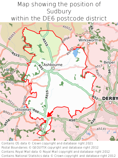 Map showing location of Sudbury within DE6
