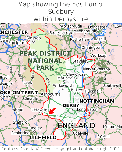 Map showing location of Sudbury within Derbyshire