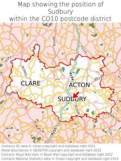 Map showing location of Sudbury within CO10
