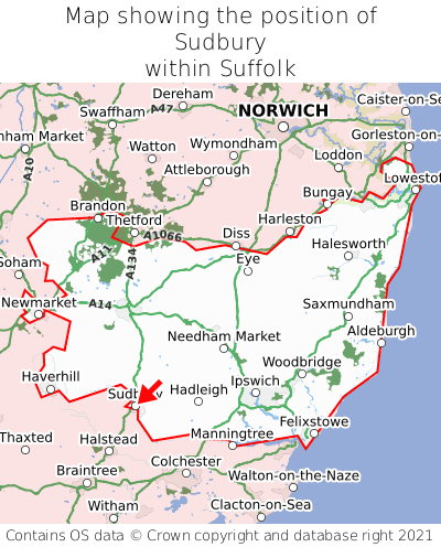 Map showing location of Sudbury within Suffolk